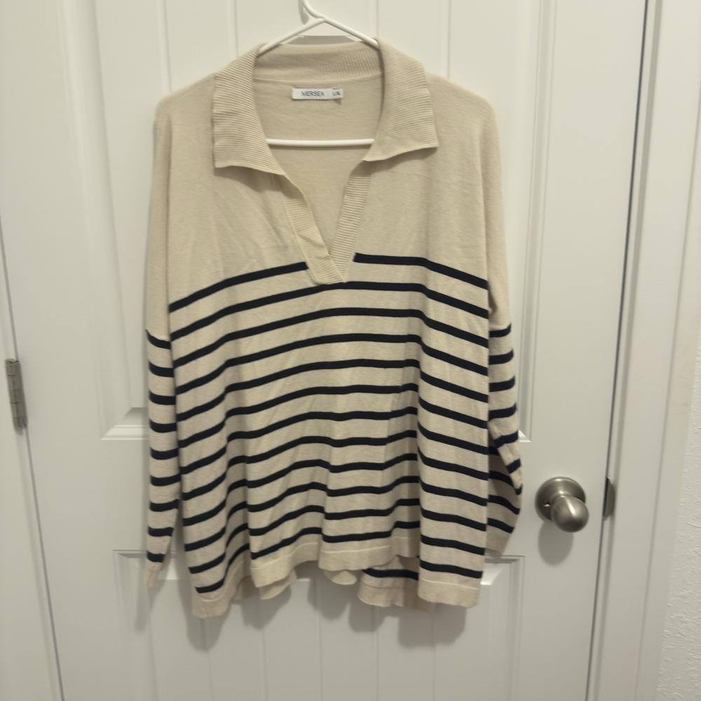 Mersea Women's Cream Navy Stripes Tunic Oversized Collar Sweater Size L/XL